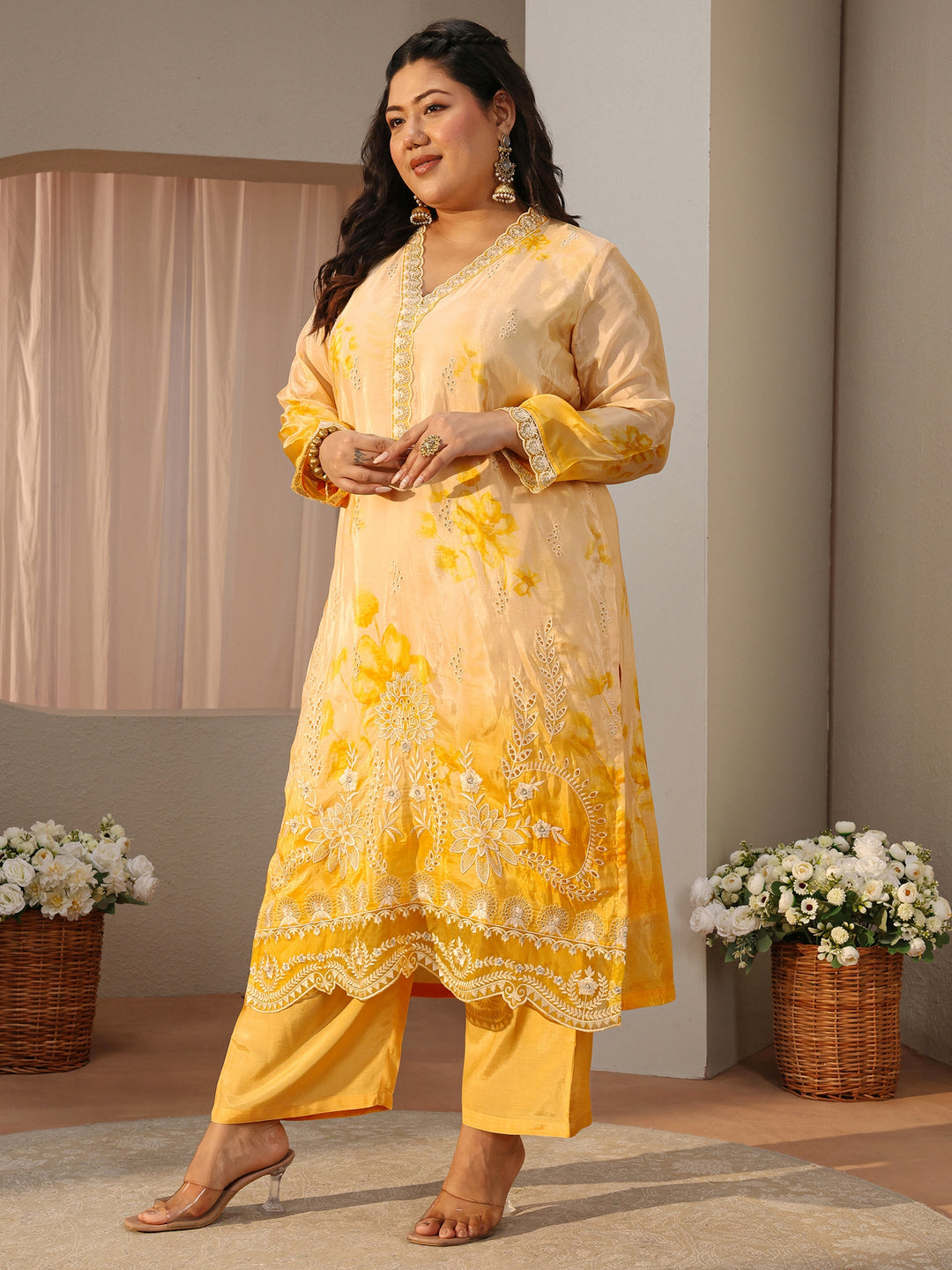 Plus Size Yellow Sciffli Embroidered Silk Blend Suit Set