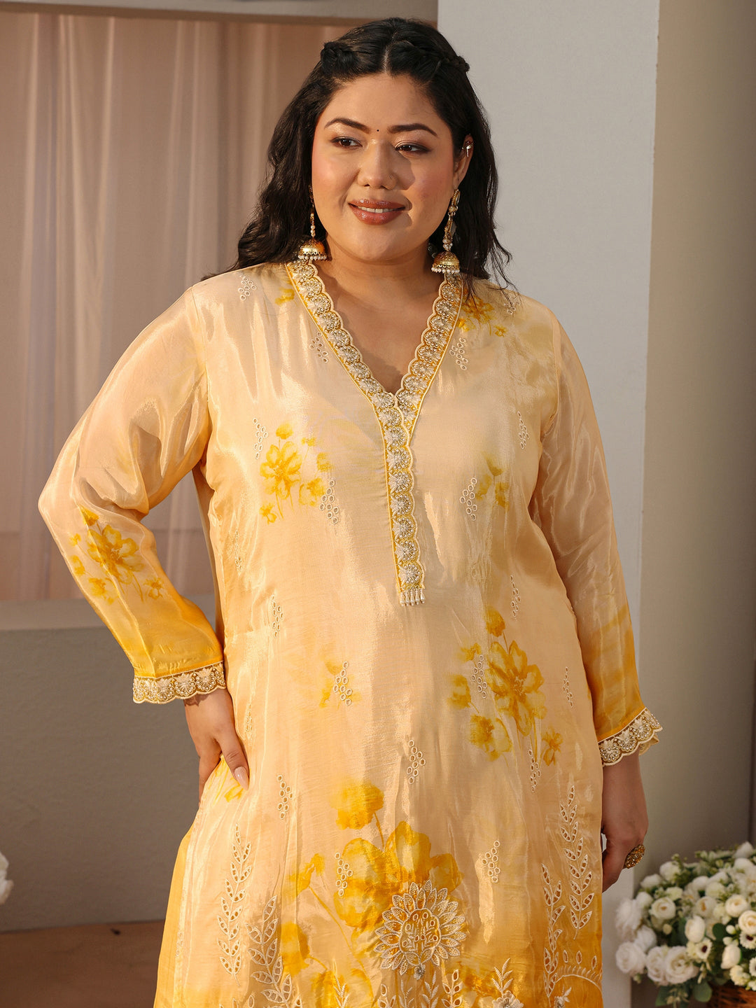 Plus Size Yellow Sciffli Embroidered Silk Blend Suit Set