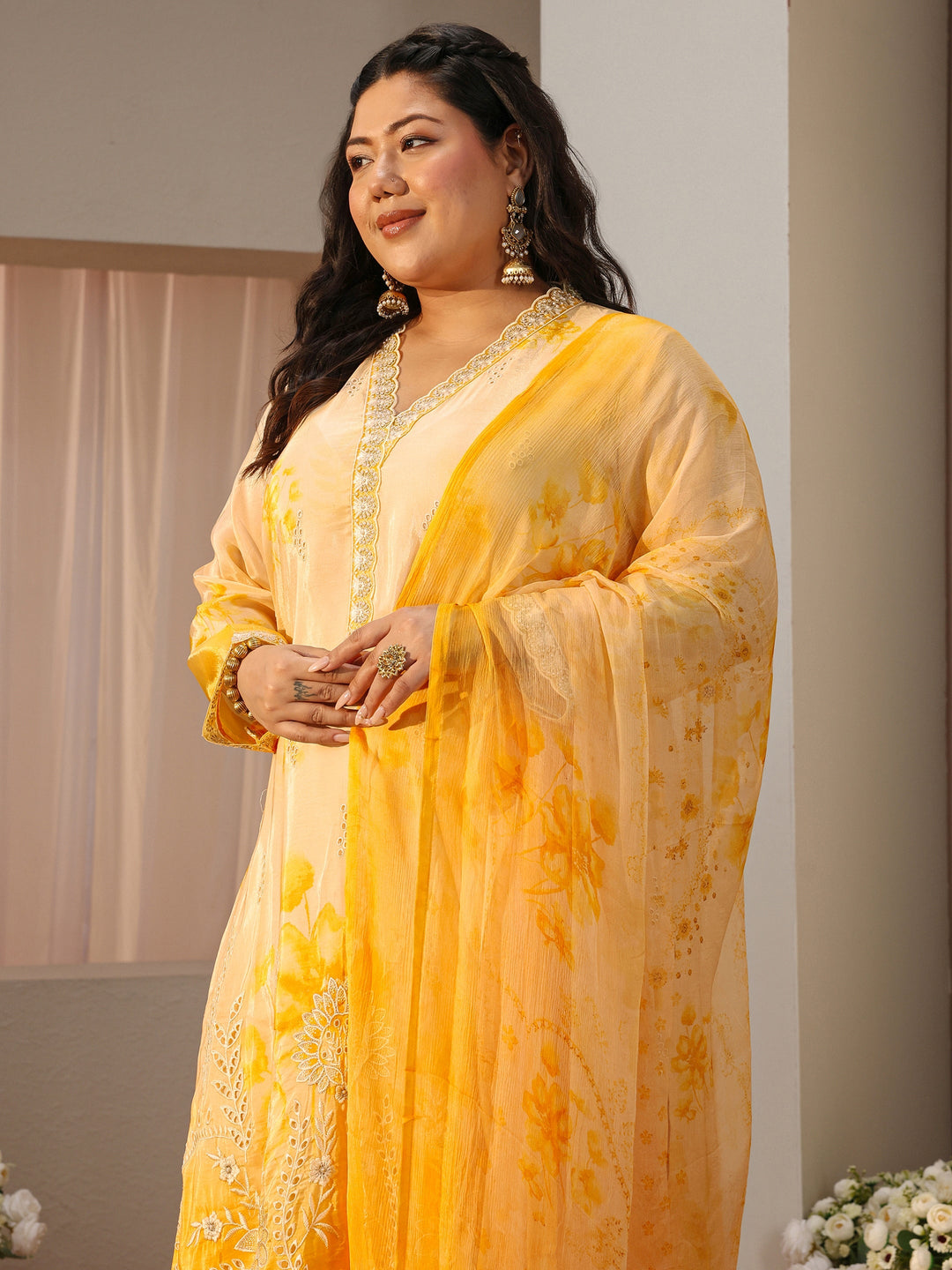 Plus Size Yellow Sciffli Embroidered Silk Blend Suit Set