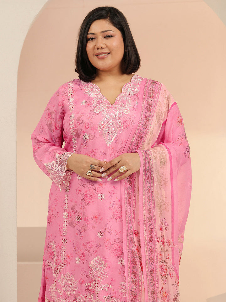Plus Size Pink Floral Printed Silk Blend Straight Suit Set