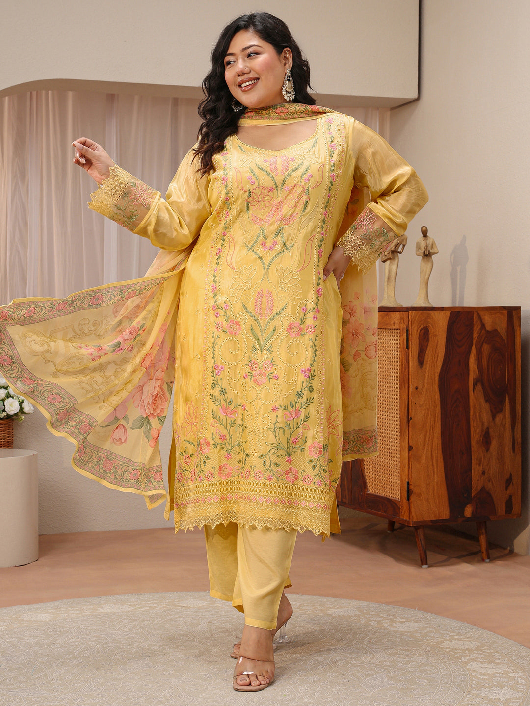 Plus Size Yellow Floral Embroidered Silk Blend Suit Set