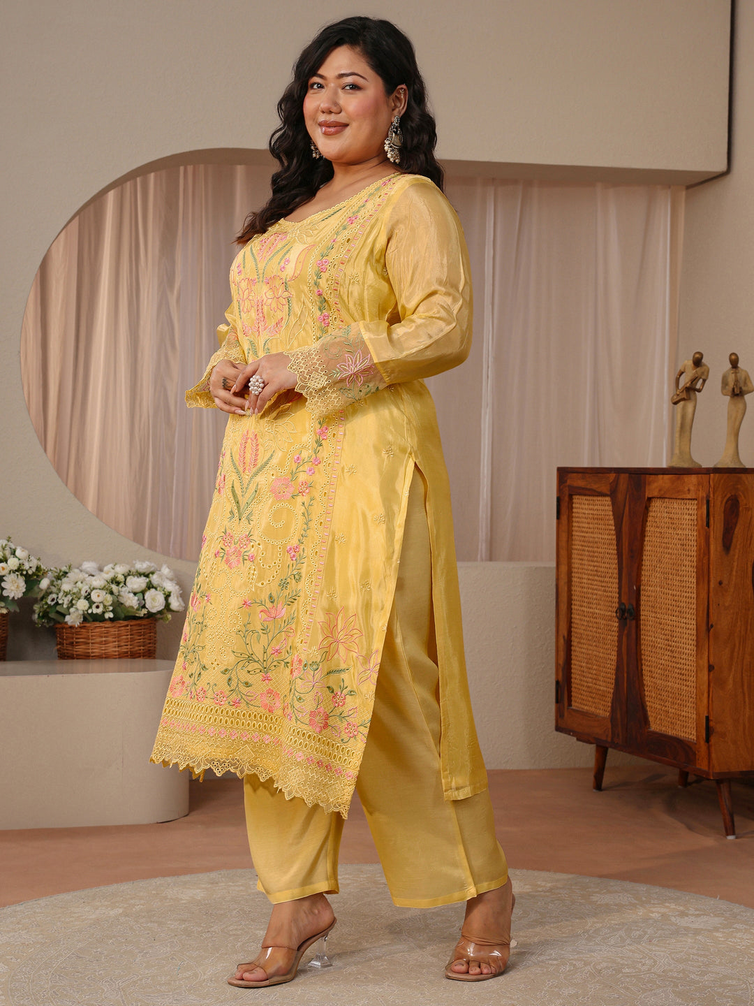 Plus Size Yellow Floral Embroidered Silk Blend Suit Set