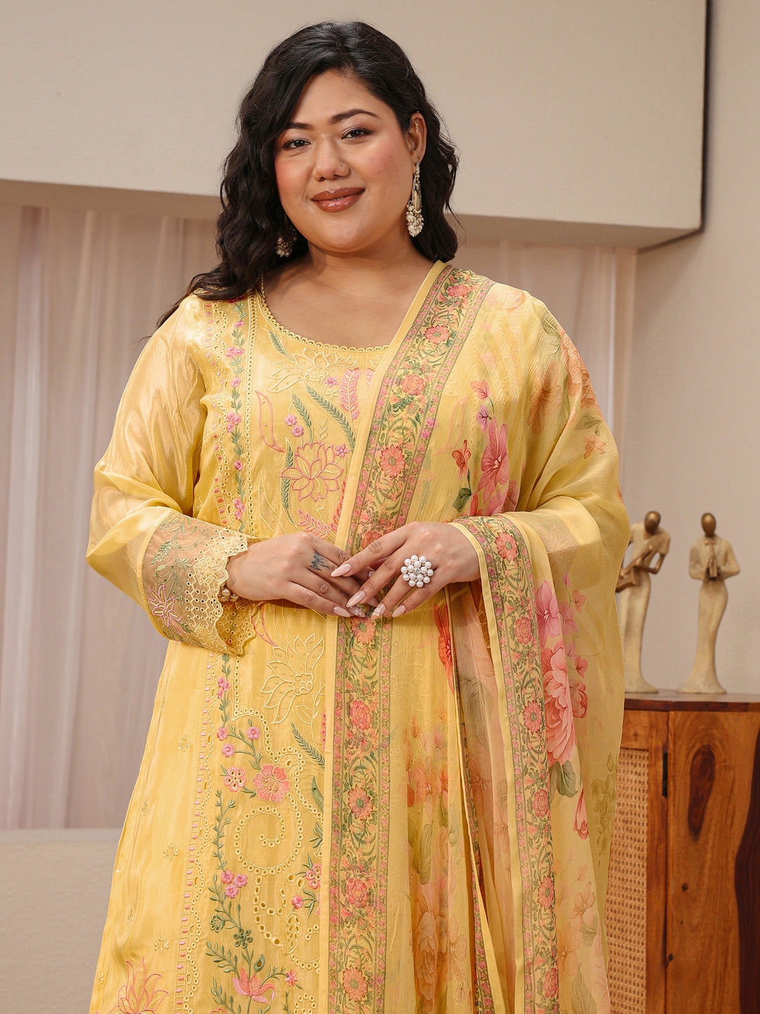 Plus Size Yellow Floral Embroidered Silk Blend Suit Set