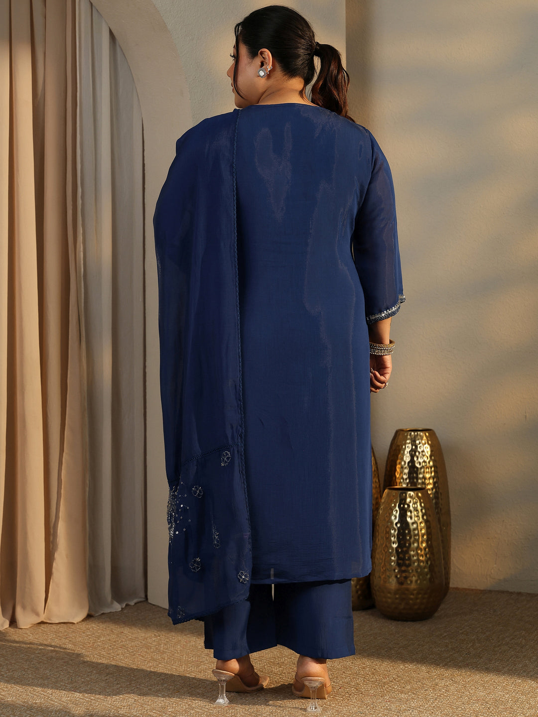 Plus Size Blue Embroidered Silk Blend Straight Suit Set With Dupatta