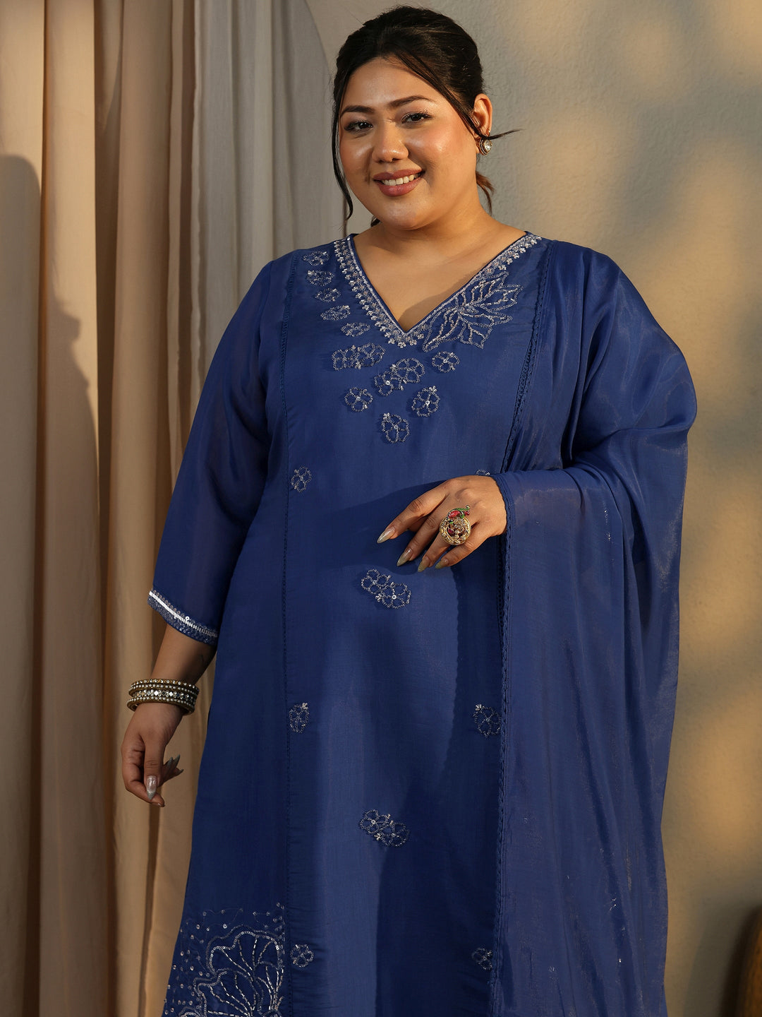 Plus Size Blue Embroidered Silk Blend Straight Suit Set With Dupatta
