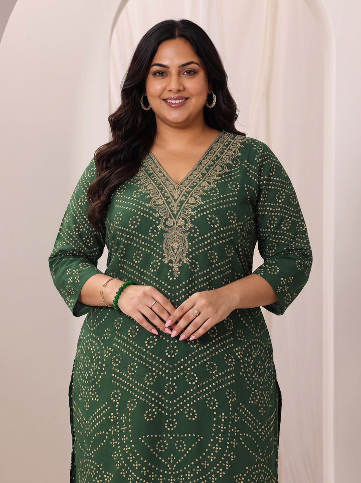 Plus Size Green Printed Cotton Straight Suit Set With Dupatta