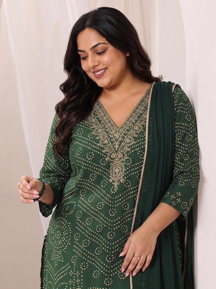 Plus Size Green Printed Cotton Straight Suit Set With Dupatta