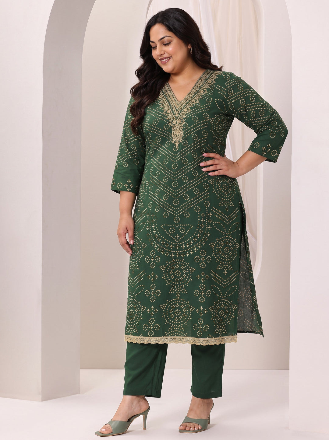 Plus Size Green Printed Cotton Straight Suit Set With Dupatta