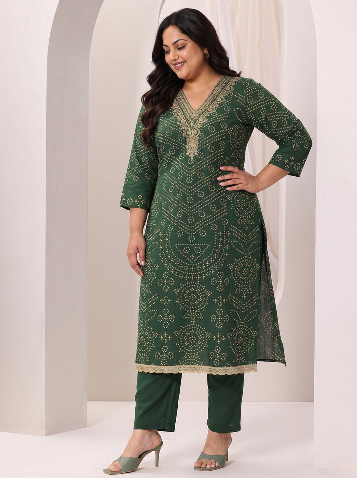 Plus Size Green Printed Cotton Straight Suit Set With Dupatta