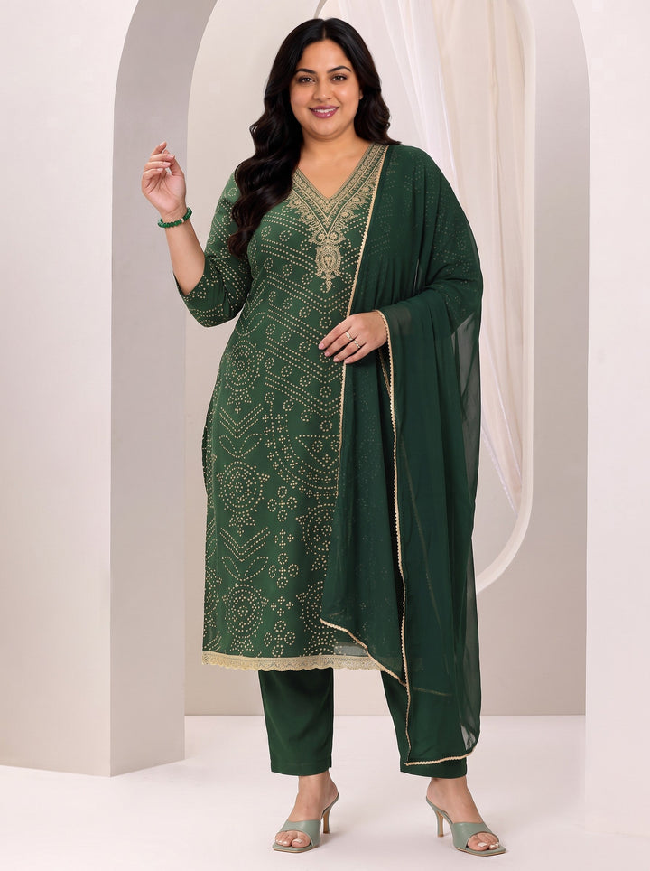 Plus Size Green Printed Cotton Straight Suit Set With Dupatta