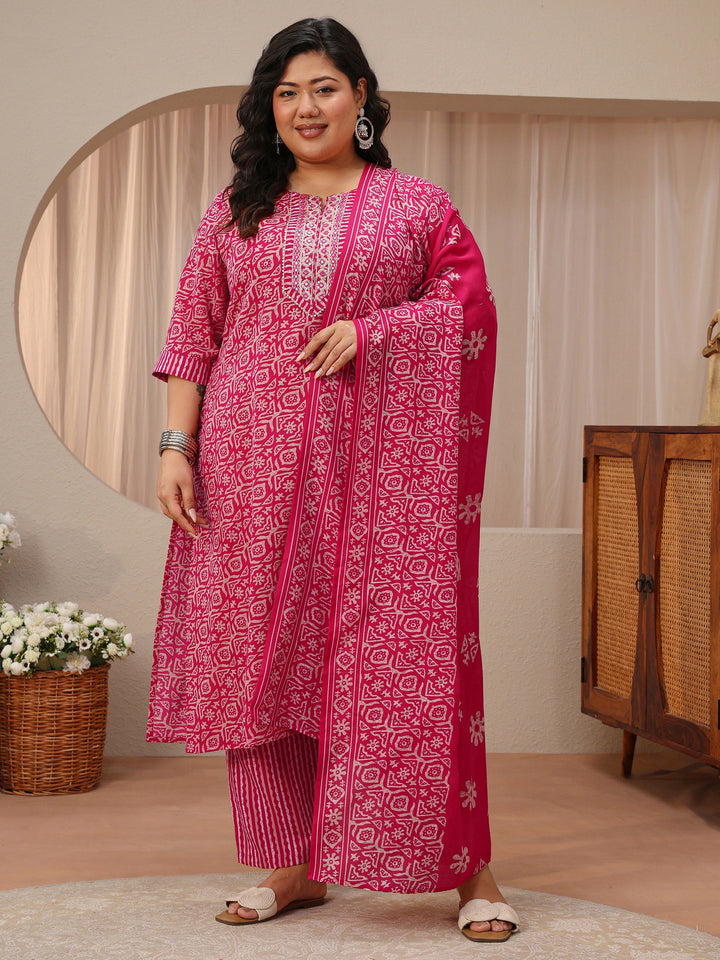 Plus Size Pink Geometric Print Cotton Blend Straight Suit Set