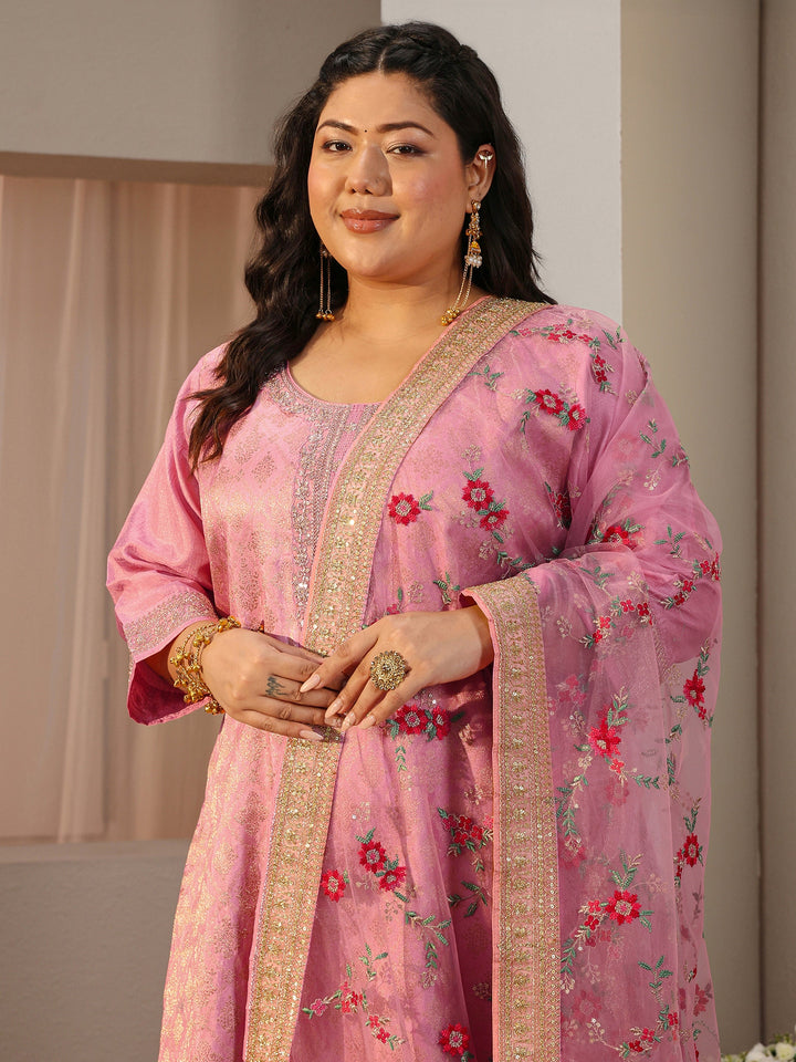 Plus Size Pink Ethnic Woven Design Silk Blend Straight Suit Set