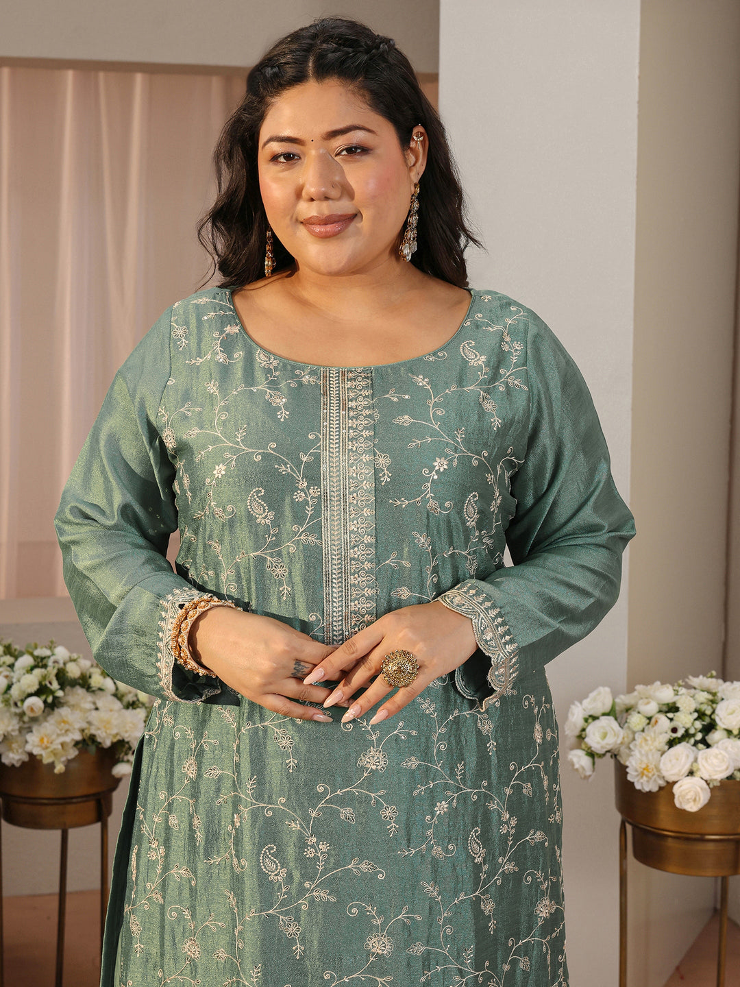 Plus Size Moss Green Floral Embroidered Silk Blend Suit Set