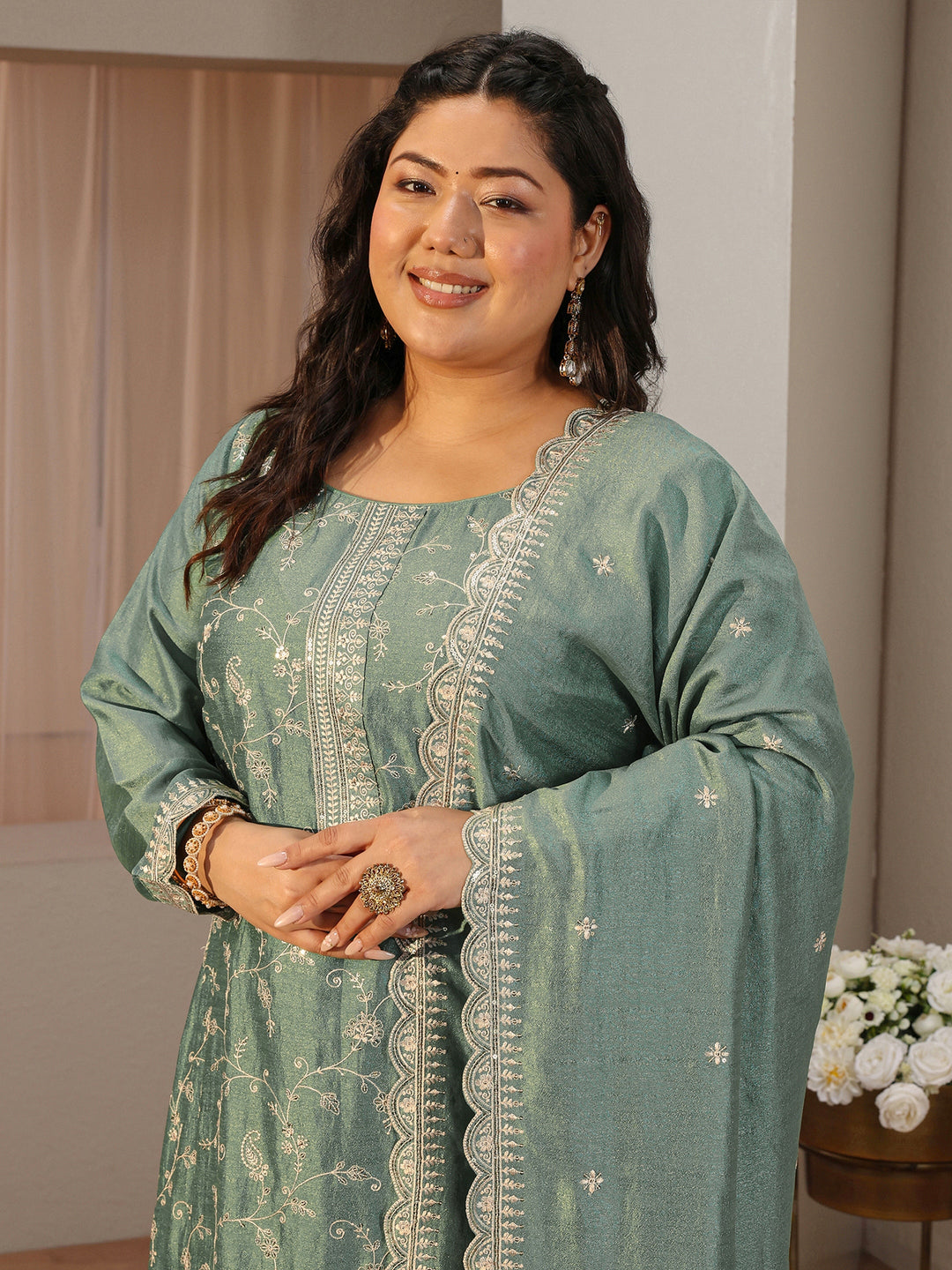 Plus Size Moss Green Floral Embroidered Silk Blend Suit Set