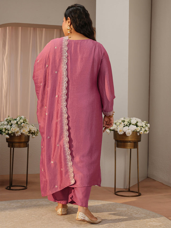Plus Size Pink Floral Embroidered Silk Blend Straight Suit Set