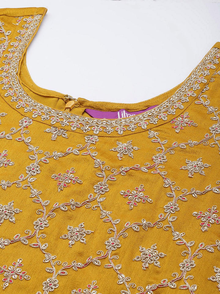Plus Size Mustard Embellished Silk Blend Straight Suit Set