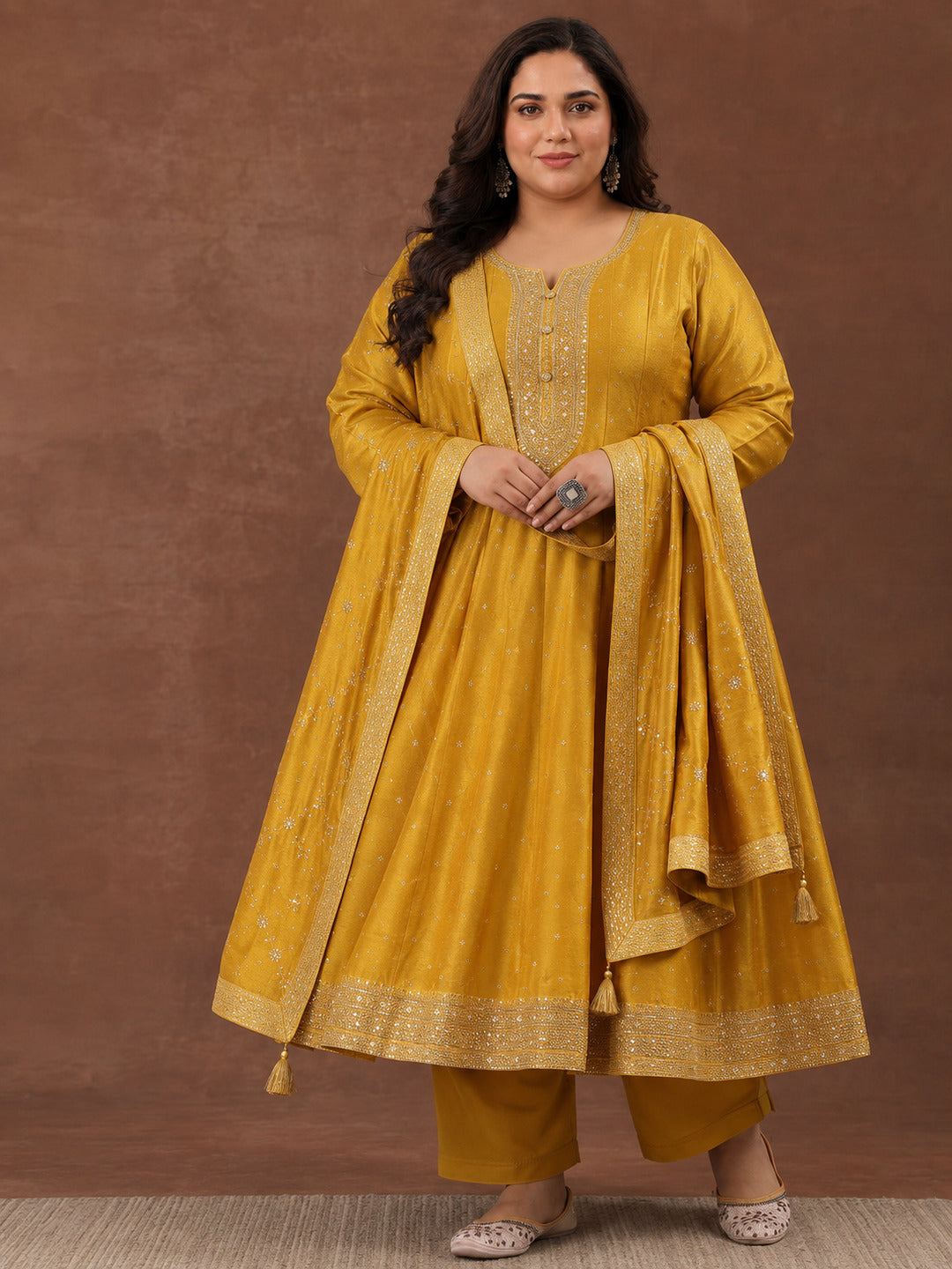Plus Size Mustard Floral Embroidered Silk Blend A-Line Suit Set