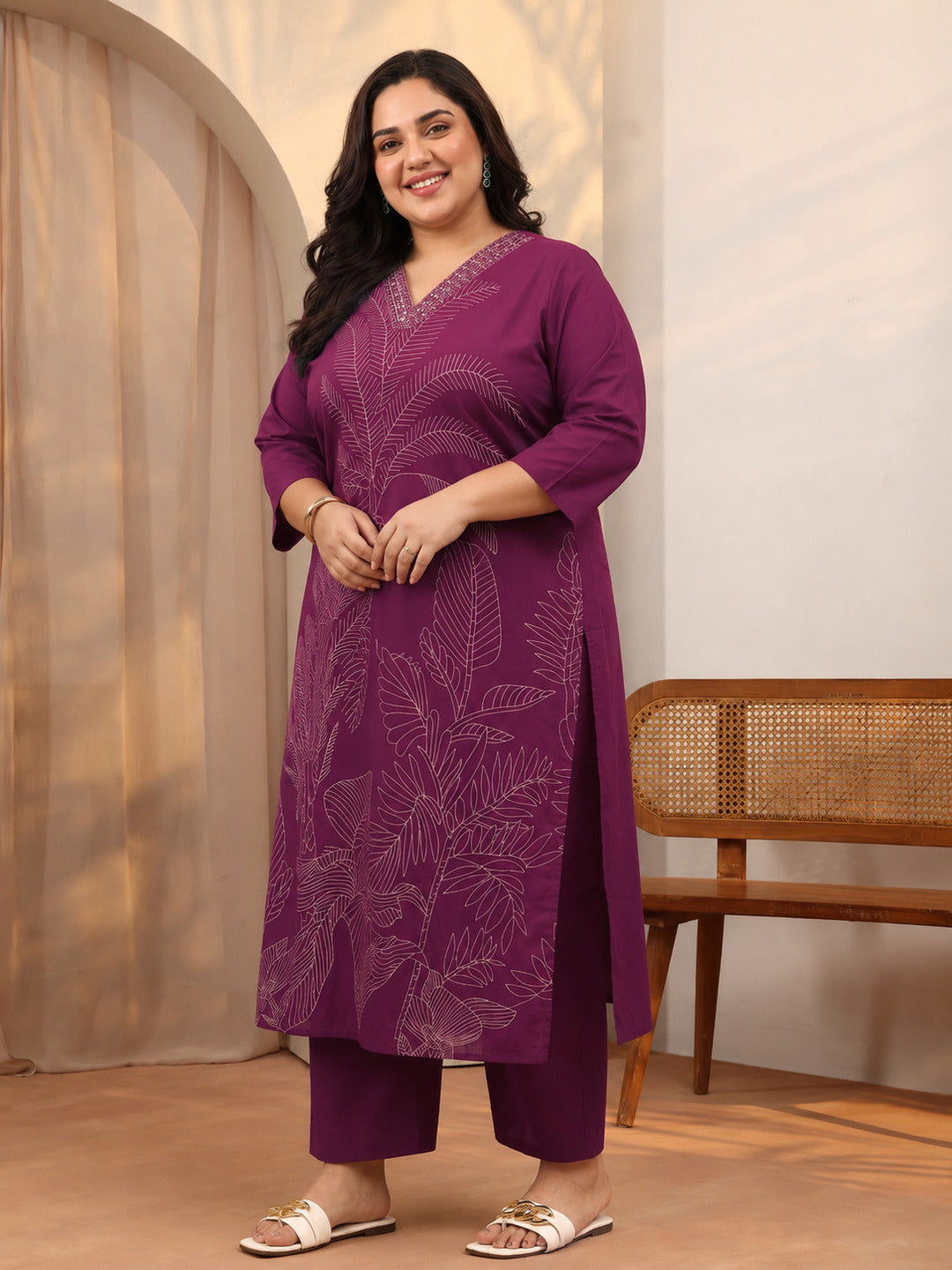 Plus Size Burgundy Embroidered Cotton Straight Suit Set With Dupatta