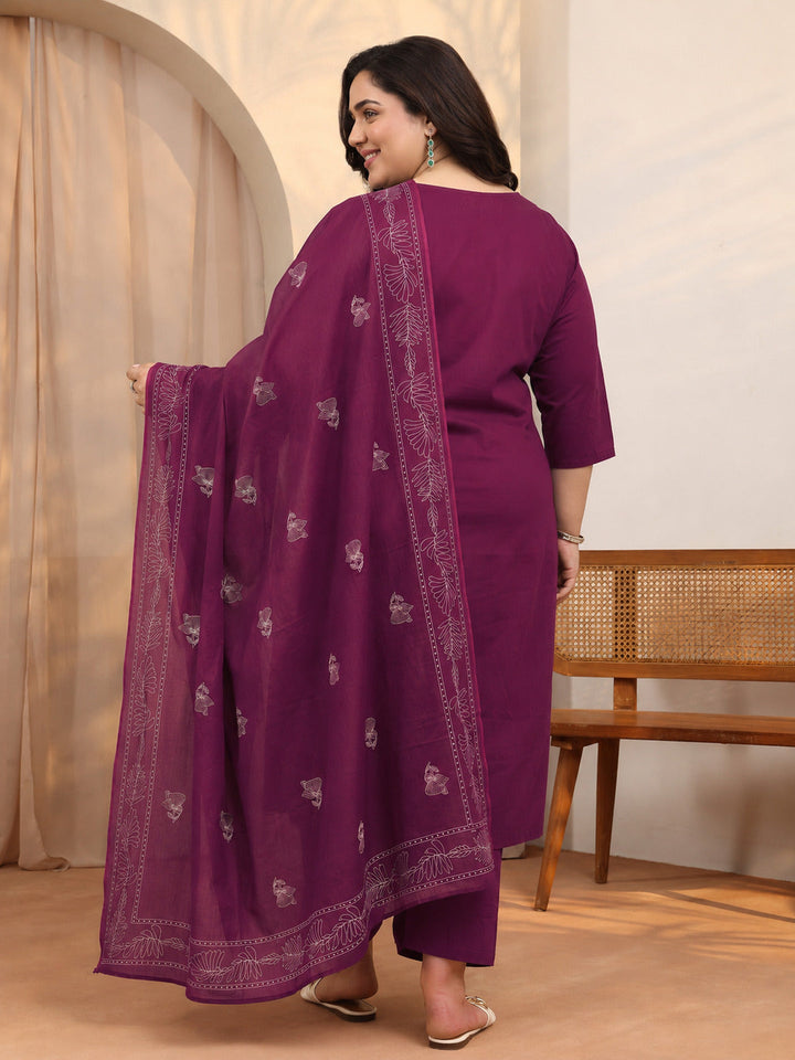 Plus Size Burgundy Embroidered Cotton Straight Suit Set With Dupatta