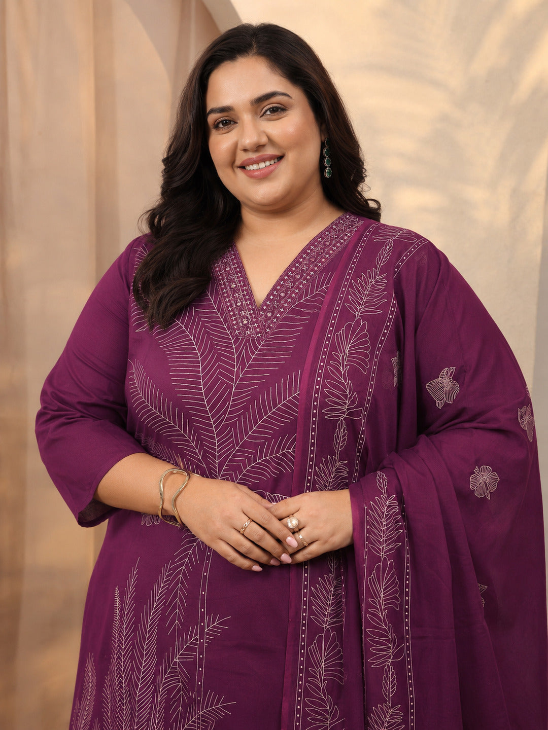 Plus Size Burgundy Embroidered Cotton Straight Suit Set With Dupatta
