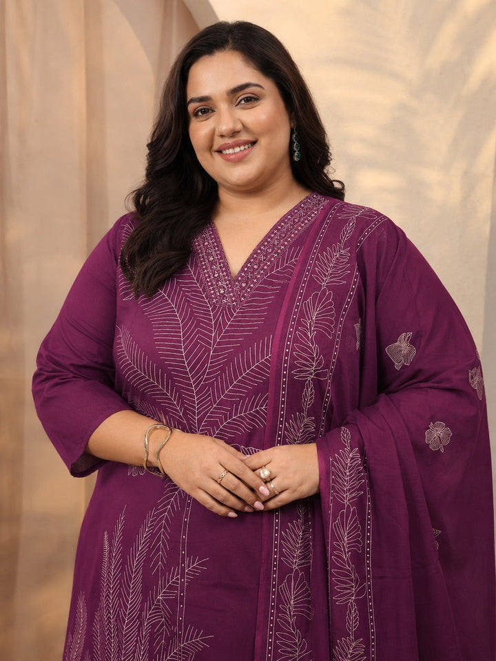 Plus Size Burgundy Embroidered Cotton Straight Suit Set With Dupatta