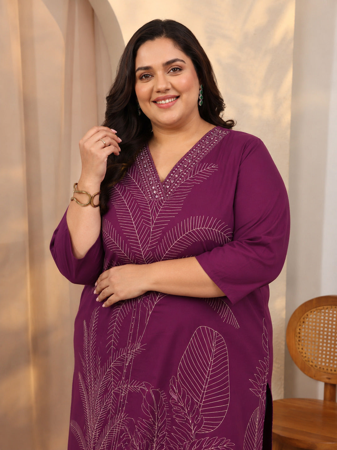 Plus Size Burgundy Embroidered Cotton Straight Suit Set With Dupatta