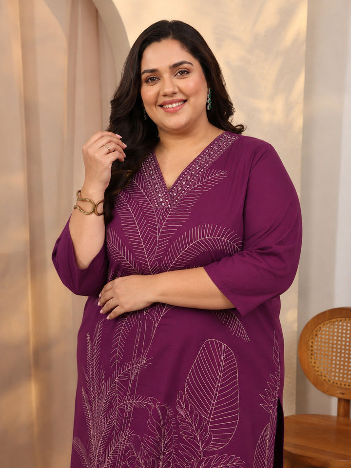 Plus Size Burgundy Embroidered Cotton Straight Suit Set With Dupatta