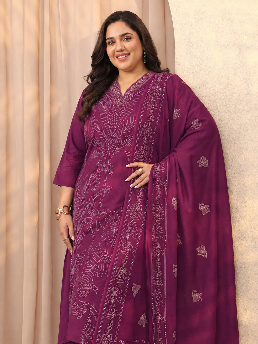Plus Size Burgundy Embroidered Cotton Straight Suit Set With Dupatta