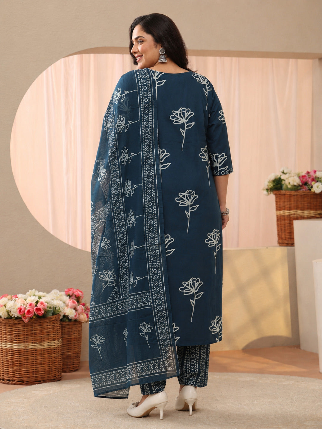 Plus Size Blue Floral Printed Cotton Straight Suit Set