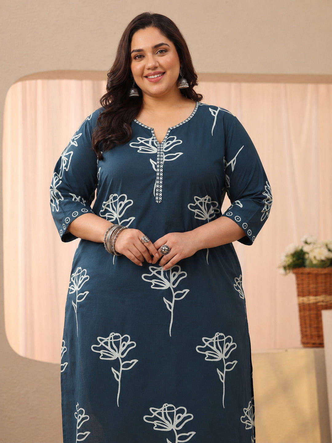 Plus Size Blue Floral Printed Cotton Straight Suit Set