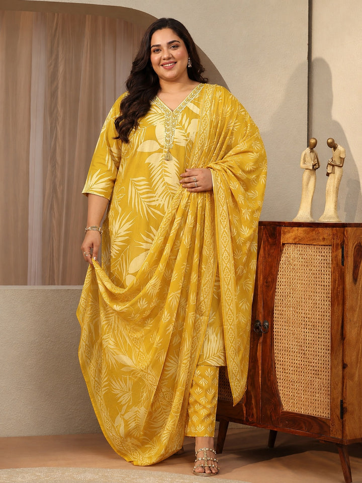 Plus Size Mustard Floral Printed Cotton Blend Straight Suit Set