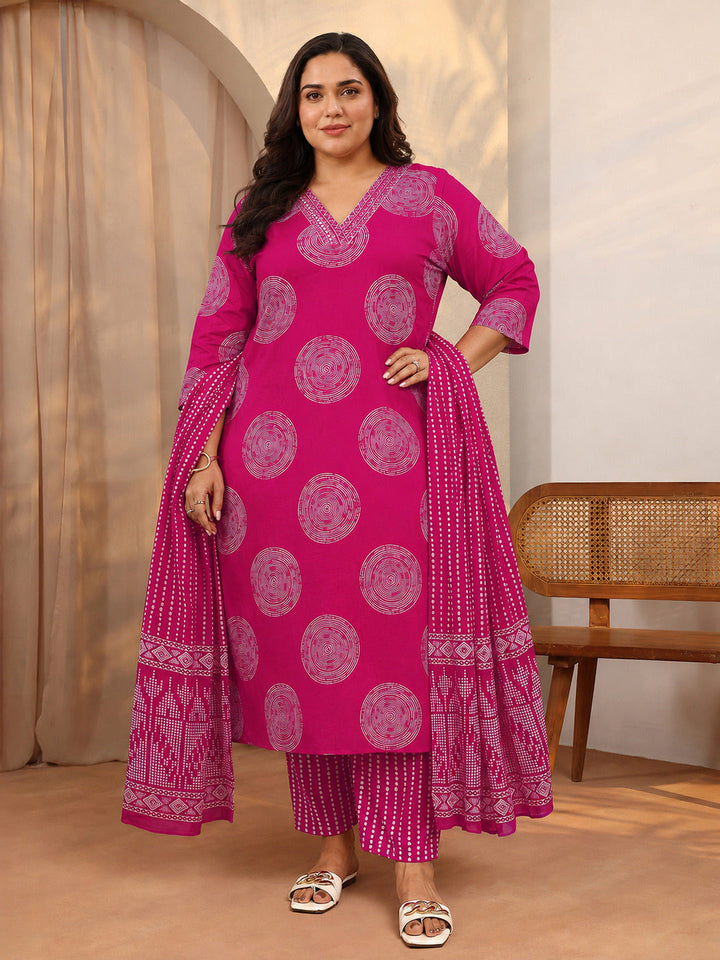 Plus Size Pink Geometric Printed Cotton Suit Set With Dupatta