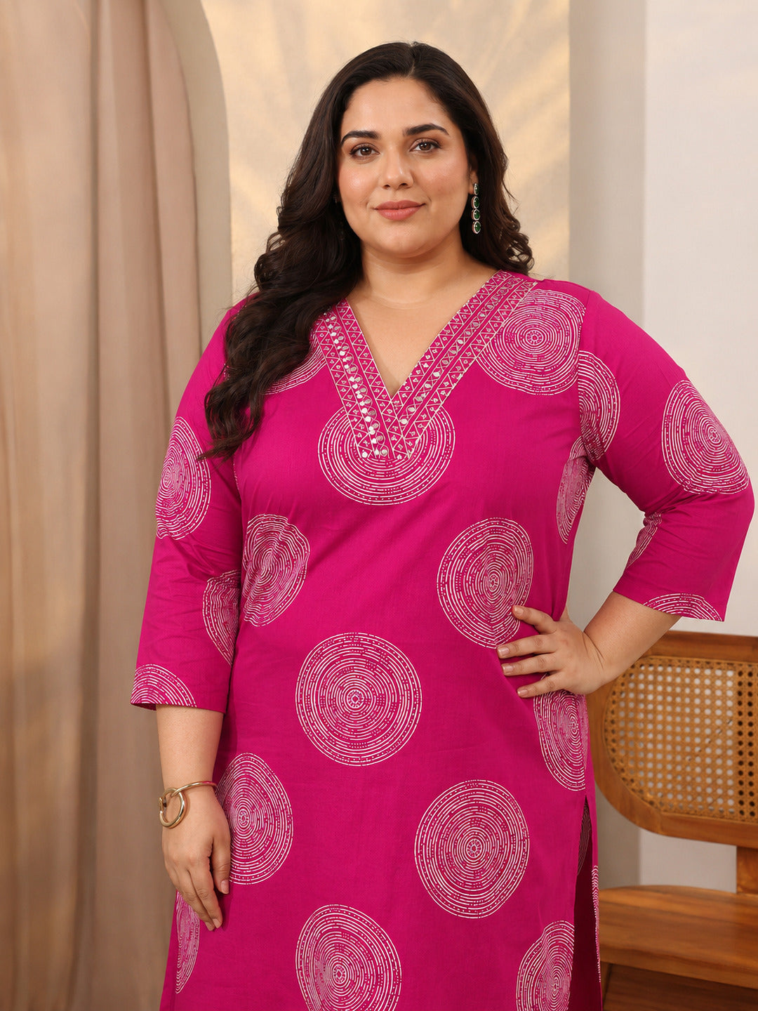 Plus Size Pink Geometric Printed Cotton Suit Set With Dupatta