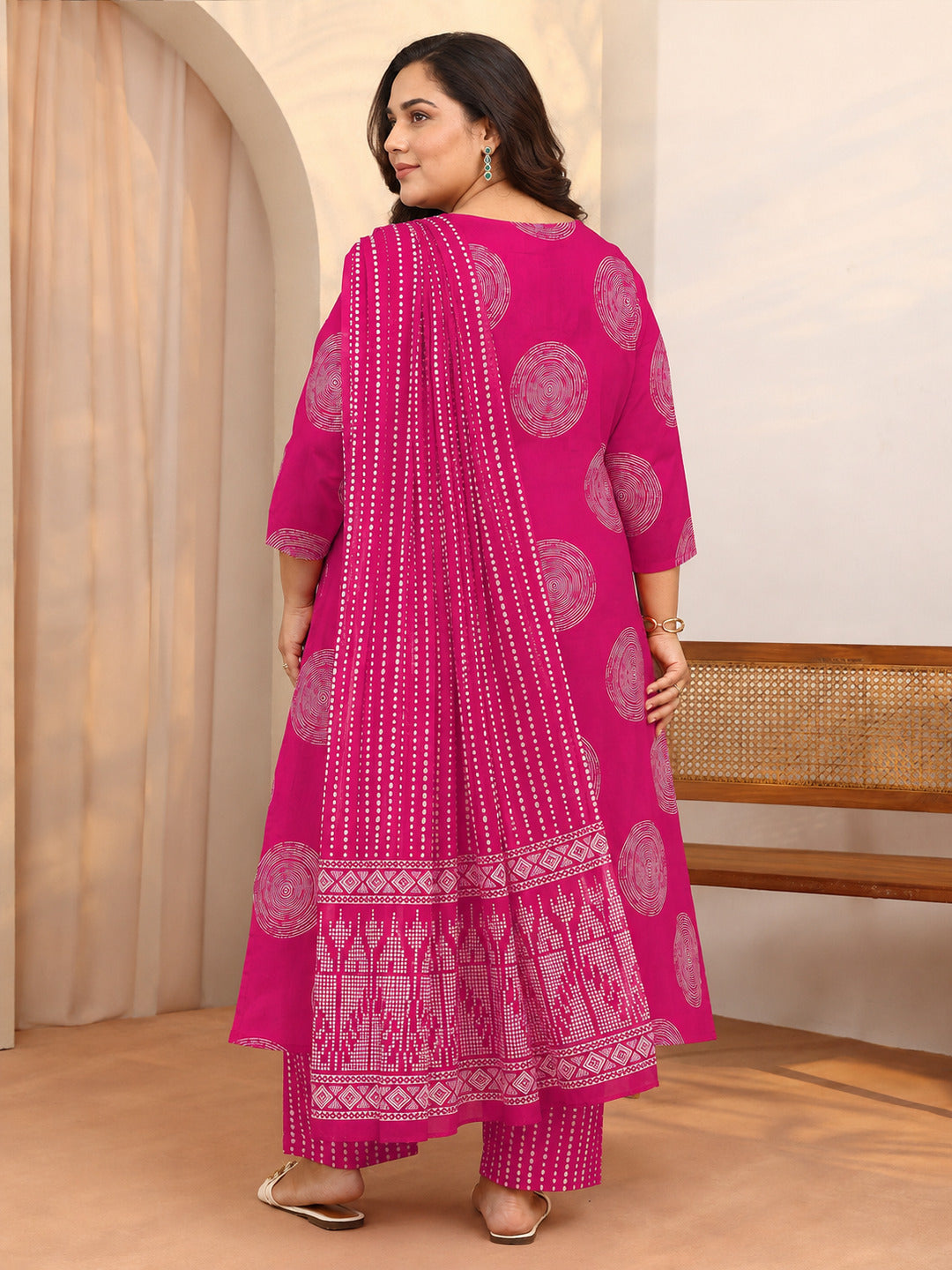 Plus Size Pink Geometric Printed Cotton Suit Set With Dupatta