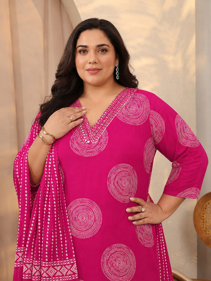 Plus Size Pink Geometric Printed Cotton Suit Set With Dupatta