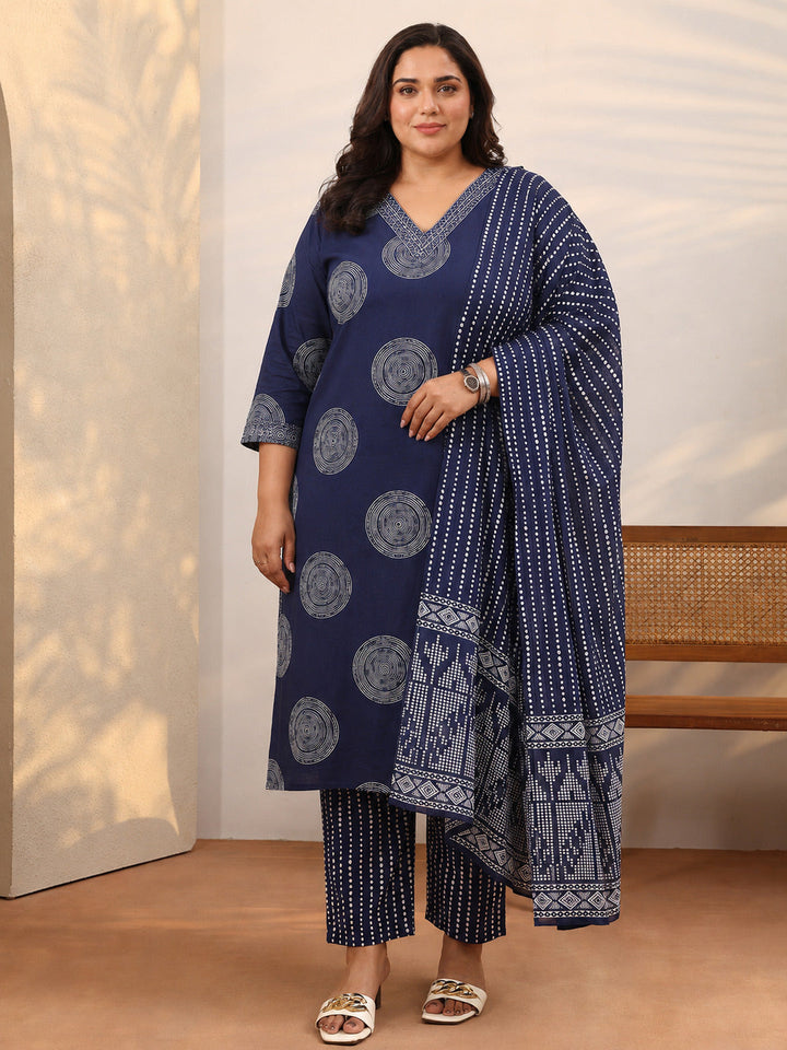 Plus Size Blue Geometric Printed Cotton Suit Set With Dupatta