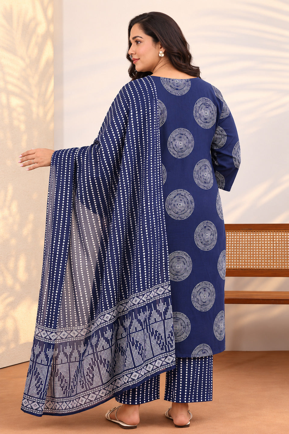 Plus Size Blue Geometric Printed Cotton Suit Set With Dupatta
