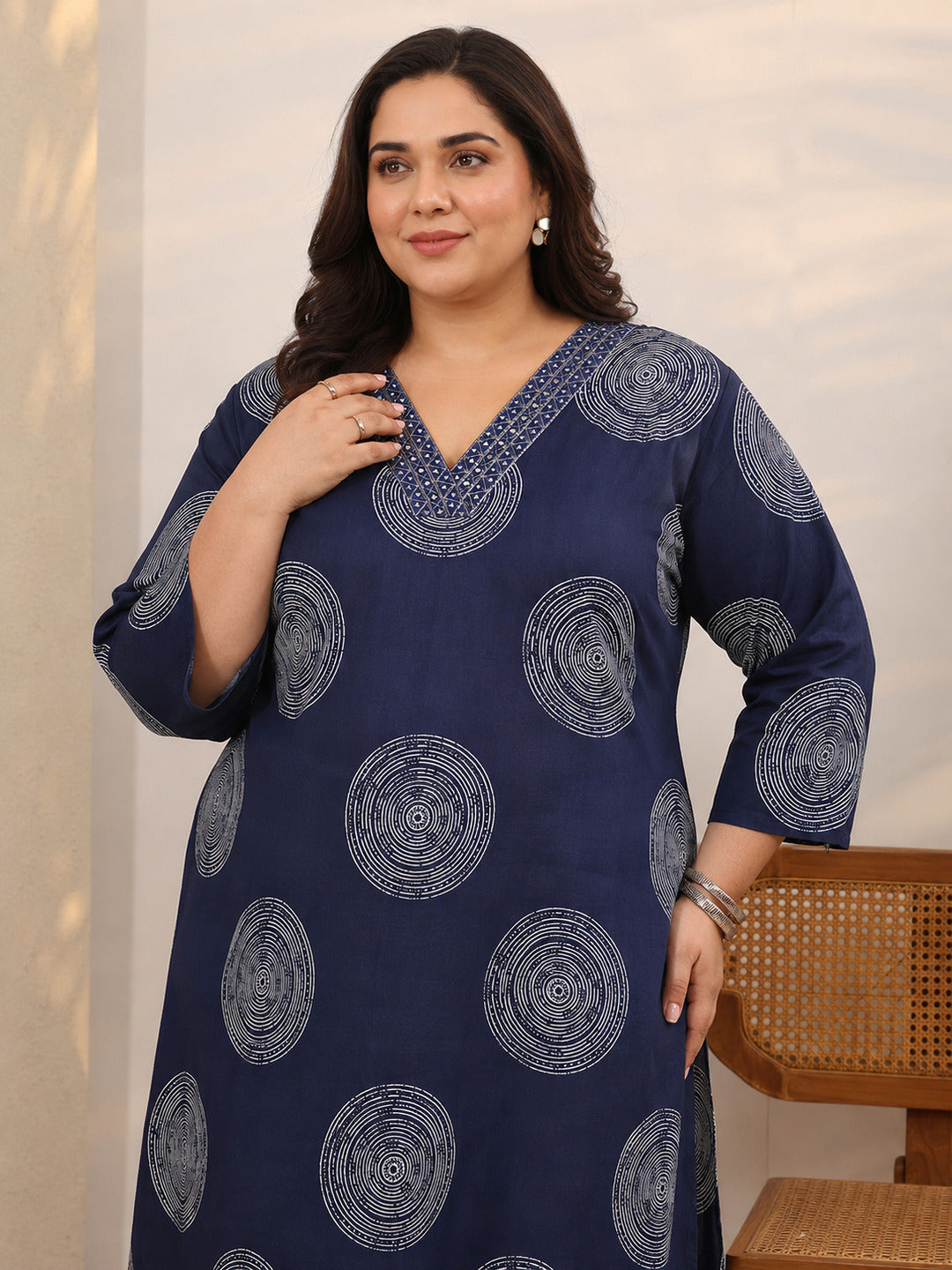 Plus Size Blue Geometric Printed Cotton Suit Set With Dupatta
