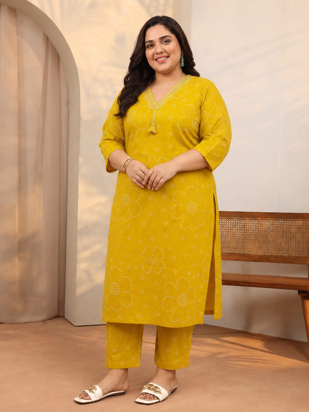 Plus Size Mustard Bandhani Printed Cotton Suit Set With Dupatta