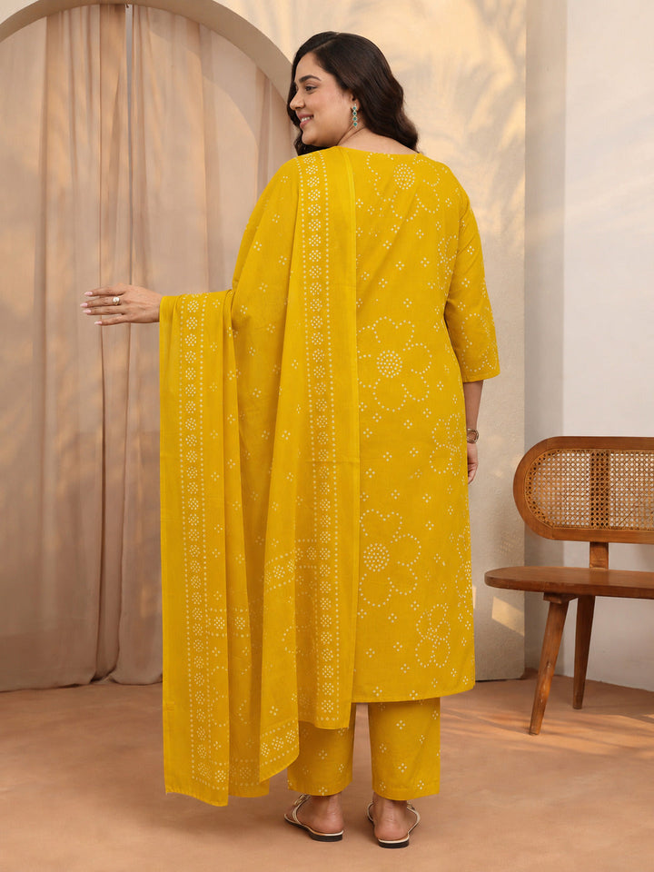 Plus Size Mustard Bandhani Printed Cotton Suit Set With Dupatta