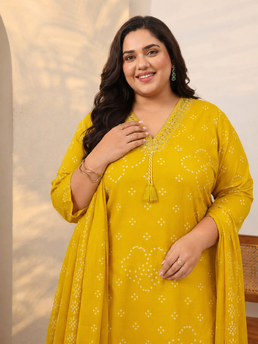 Plus Size Mustard Bandhani Printed Cotton Suit Set With Dupatta