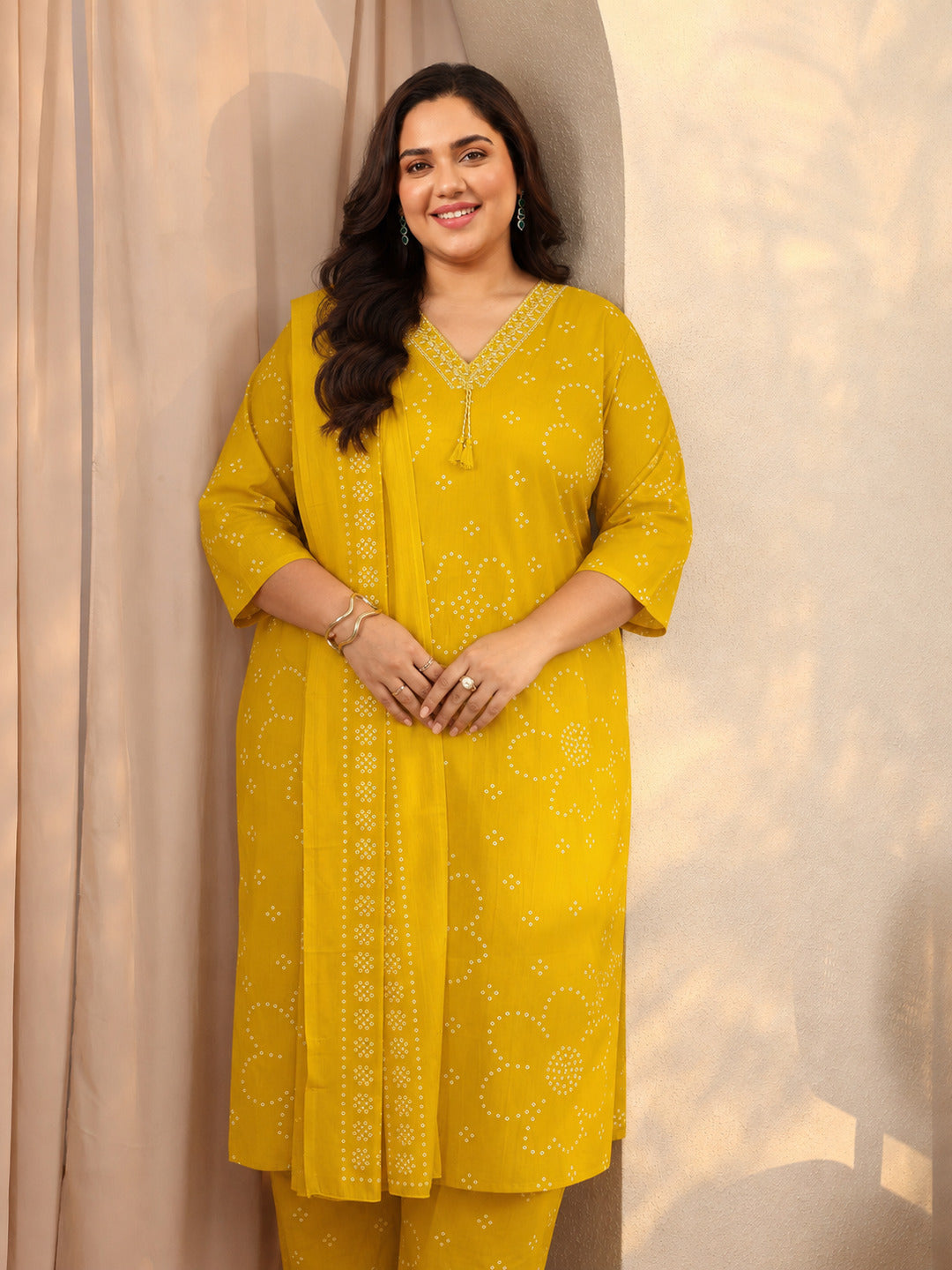 Plus Size Mustard Bandhani Printed Cotton Suit Set With Dupatta