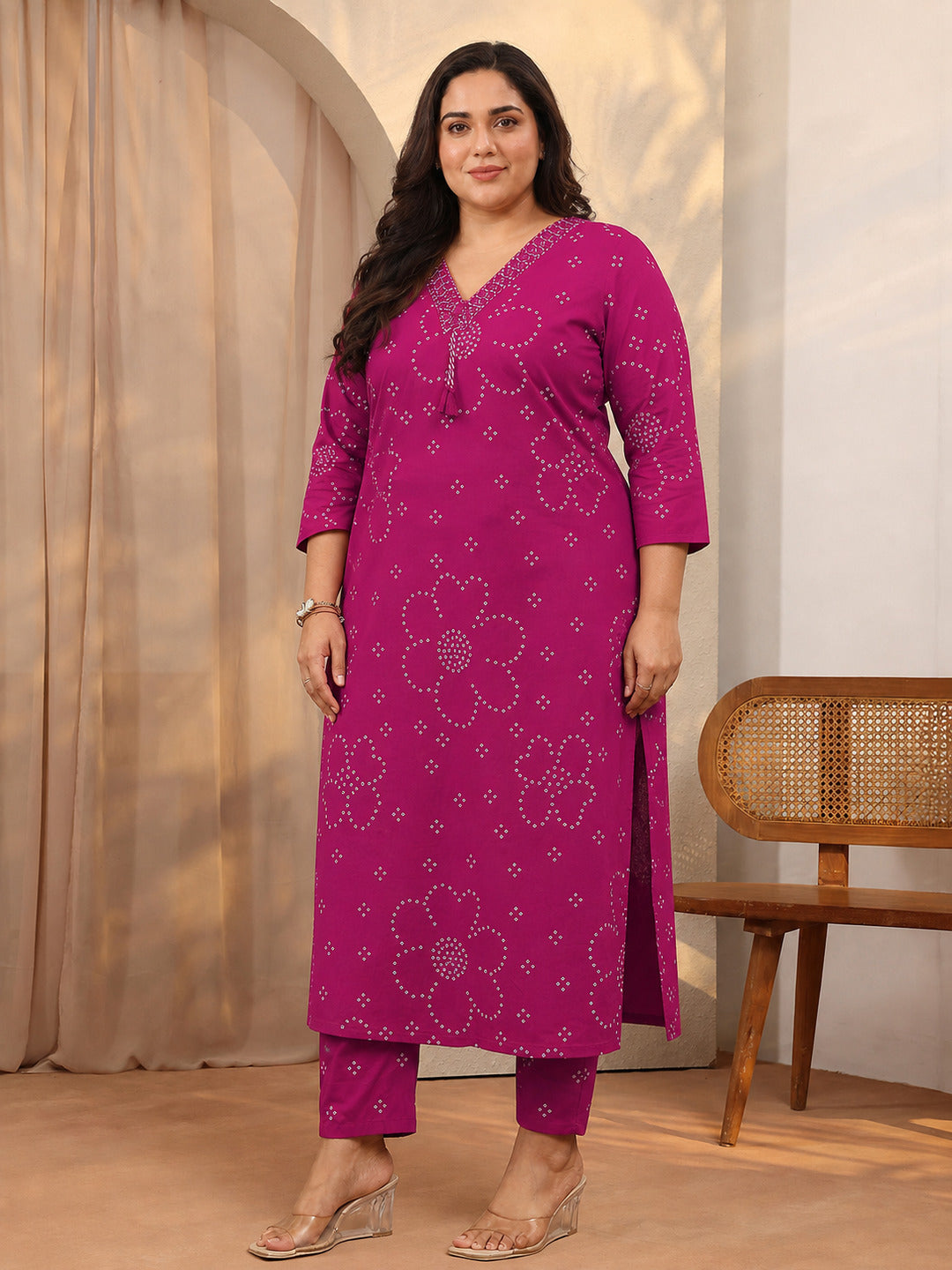 Plus Size Pink Bandhani Printed Cotton Suit Set With Dupatta