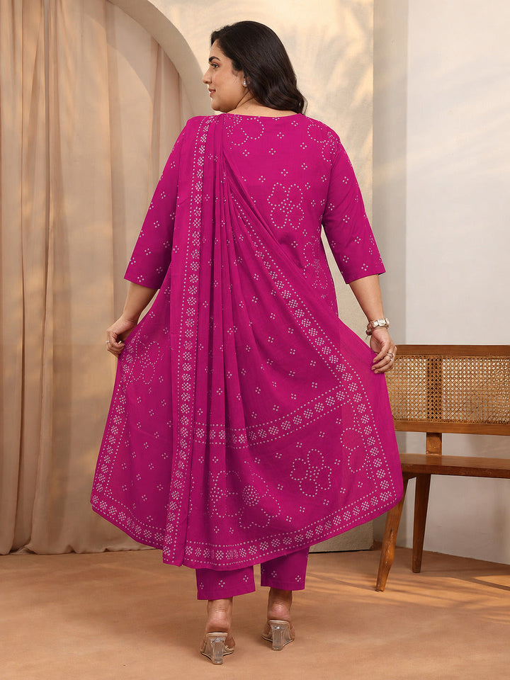Plus Size Pink Bandhani Printed Cotton Suit Set With Dupatta