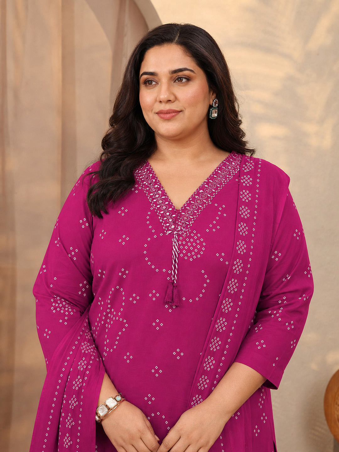 Plus Size Pink Bandhani Printed Cotton Suit Set With Dupatta