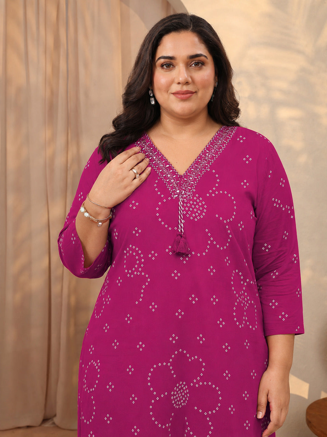 Plus Size Pink Bandhani Printed Cotton Suit Set With Dupatta