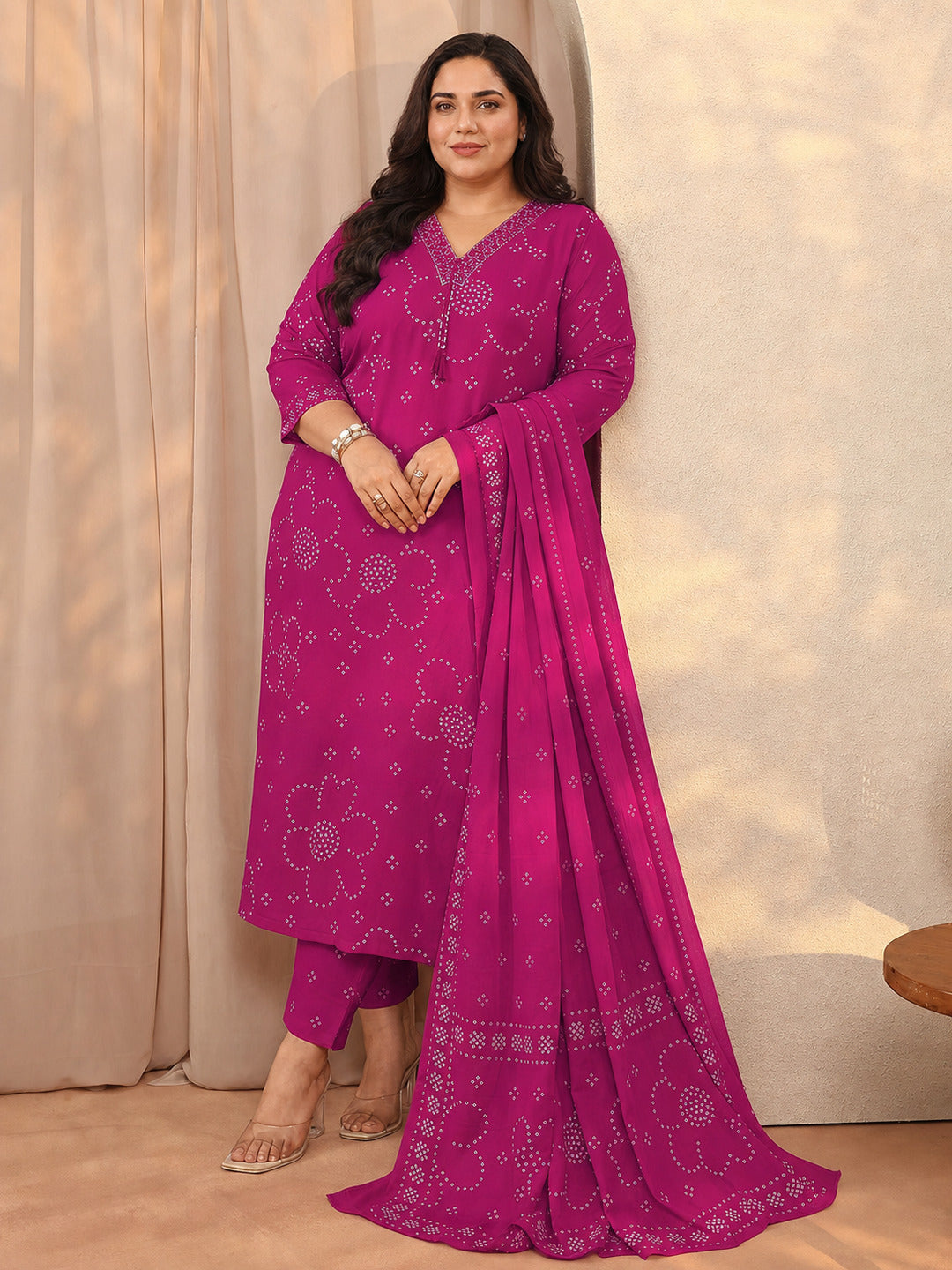 Plus Size Pink Bandhani Printed Cotton Suit Set With Dupatta