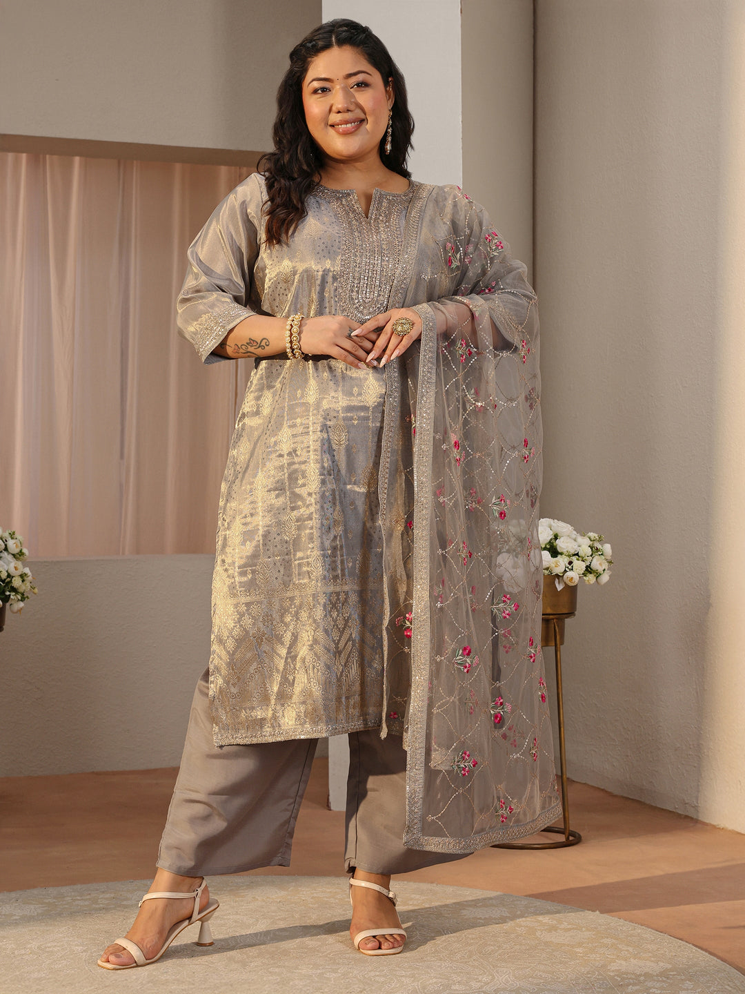 Plus Size Grey Ethnic Woven Design Silk Blend Straight Suit Set