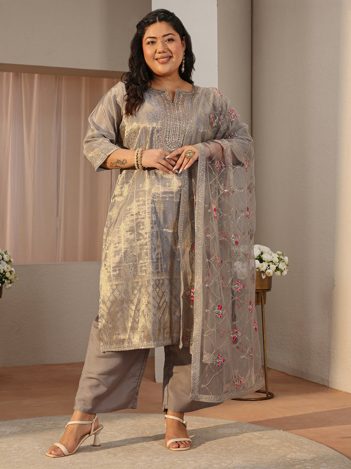 Plus Size Grey Ethnic Woven Design Silk Blend Straight Suit Set