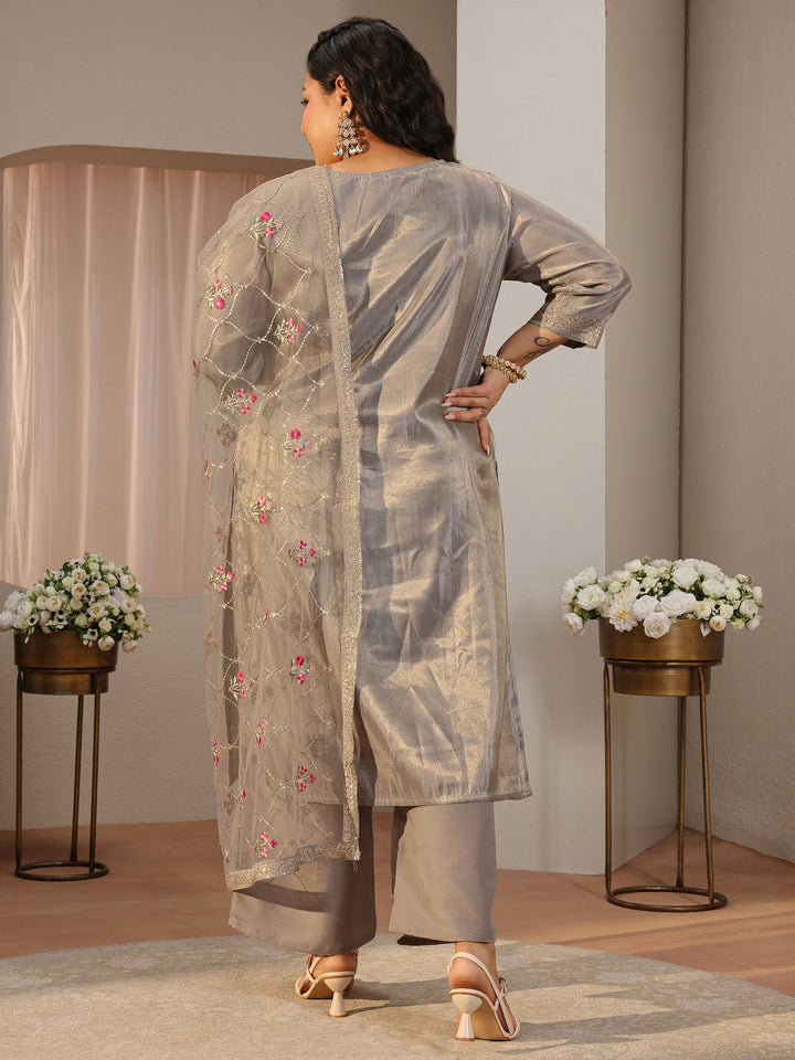 Plus Size Grey Ethnic Woven Design Silk Blend Straight Suit Set